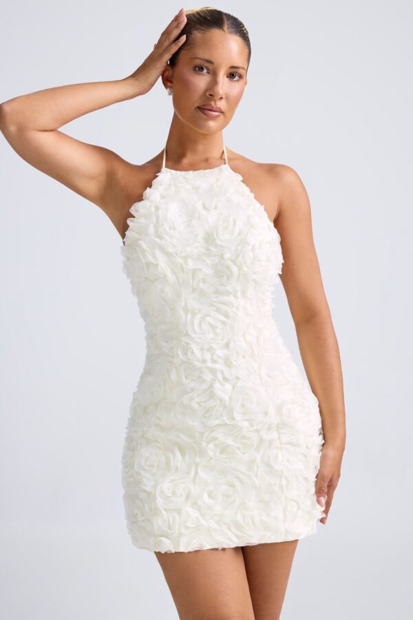 Floral-Appliqué Halterneck A-Line Mini Dress in White - Image 5