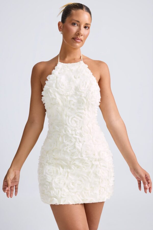 Floral-Appliqué Halterneck A-Line Mini Dress in White - Image 6