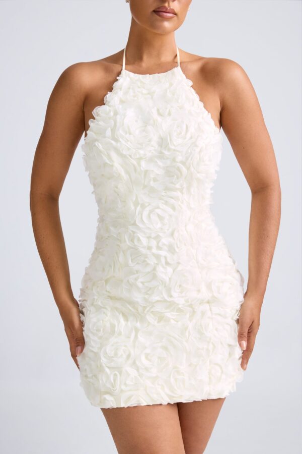 Floral-Appliqué Halterneck A-Line Mini Dress in White - Image 4