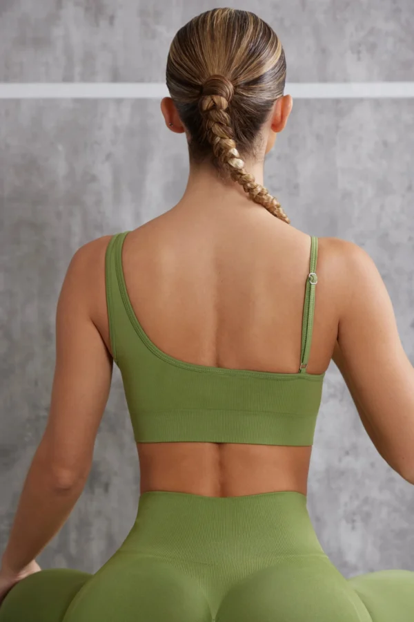 Asymmetric Sports Bra in Olive - Image 2