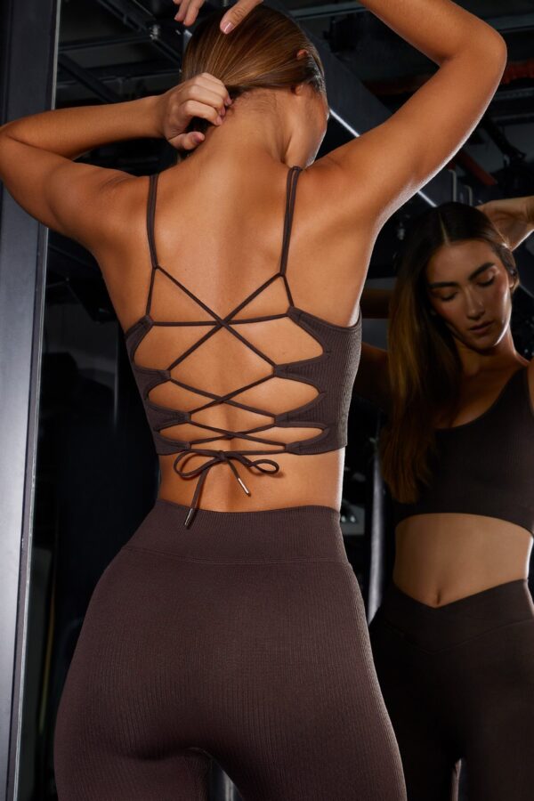 Open Back Plunge Neck Sports Bra in Brown - Image 4