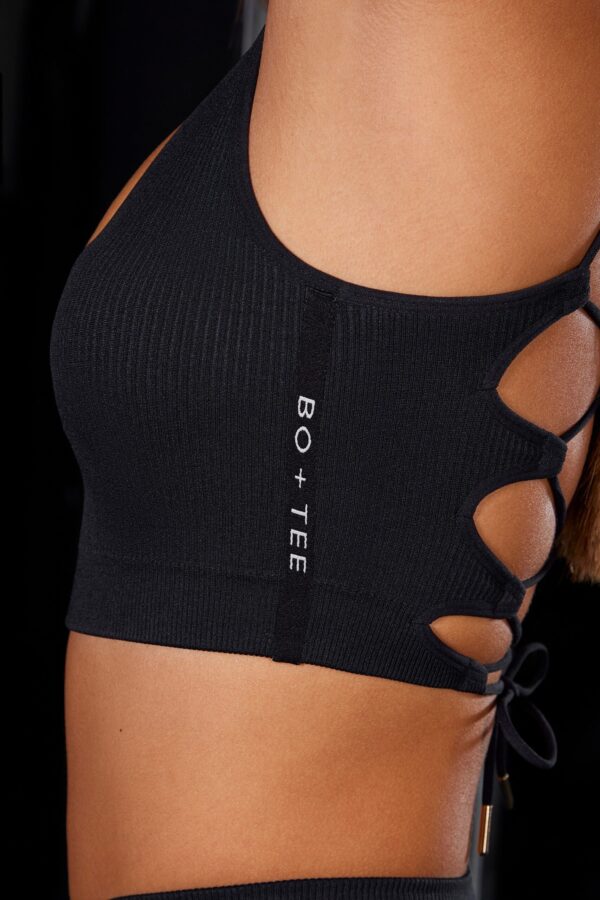 Open Back Plunge Neck Sports Bra in Black - Image 5