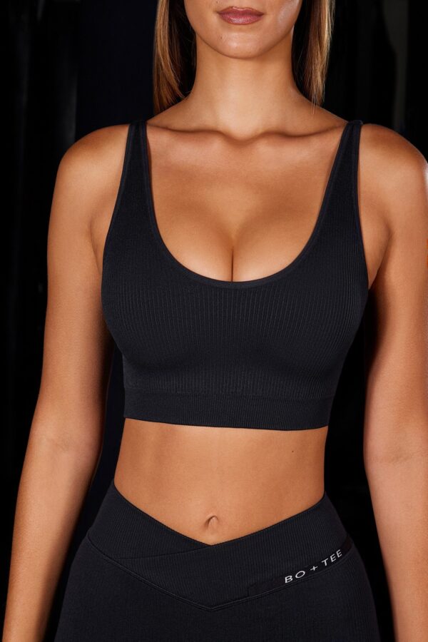 Open Back Plunge Neck Sports Bra in Black - Image 6