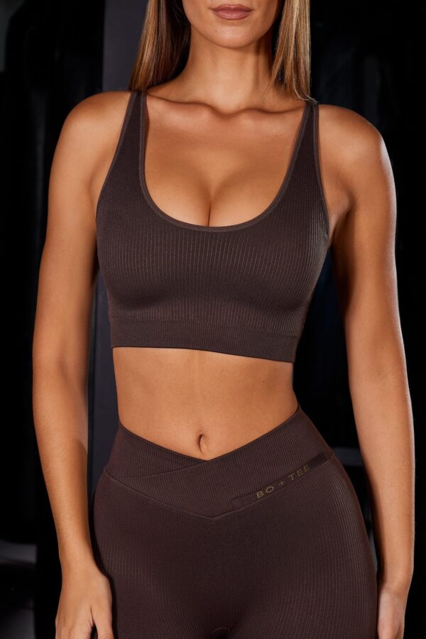 Open Back Plunge Neck Sports Bra in Brown - Image 6
