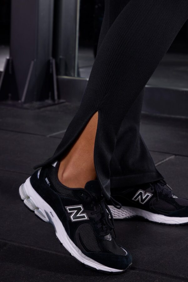High Waist Split Flare Ribbed Leggings in Black - Image 5