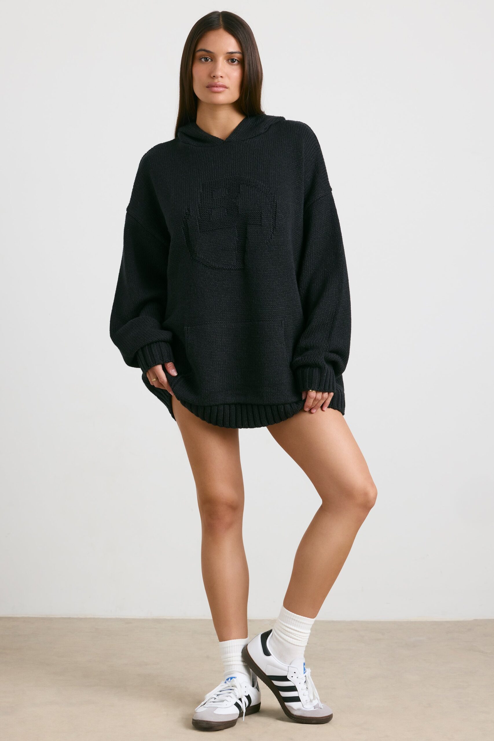 Oversized Chunky Knit Hoodie in Black - Image 6