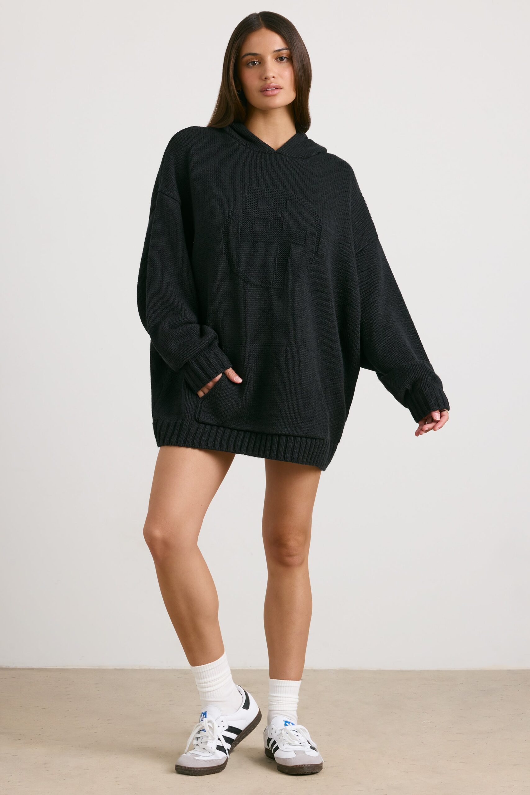 Oversized Chunky Knit Hoodie in Black - Image 10