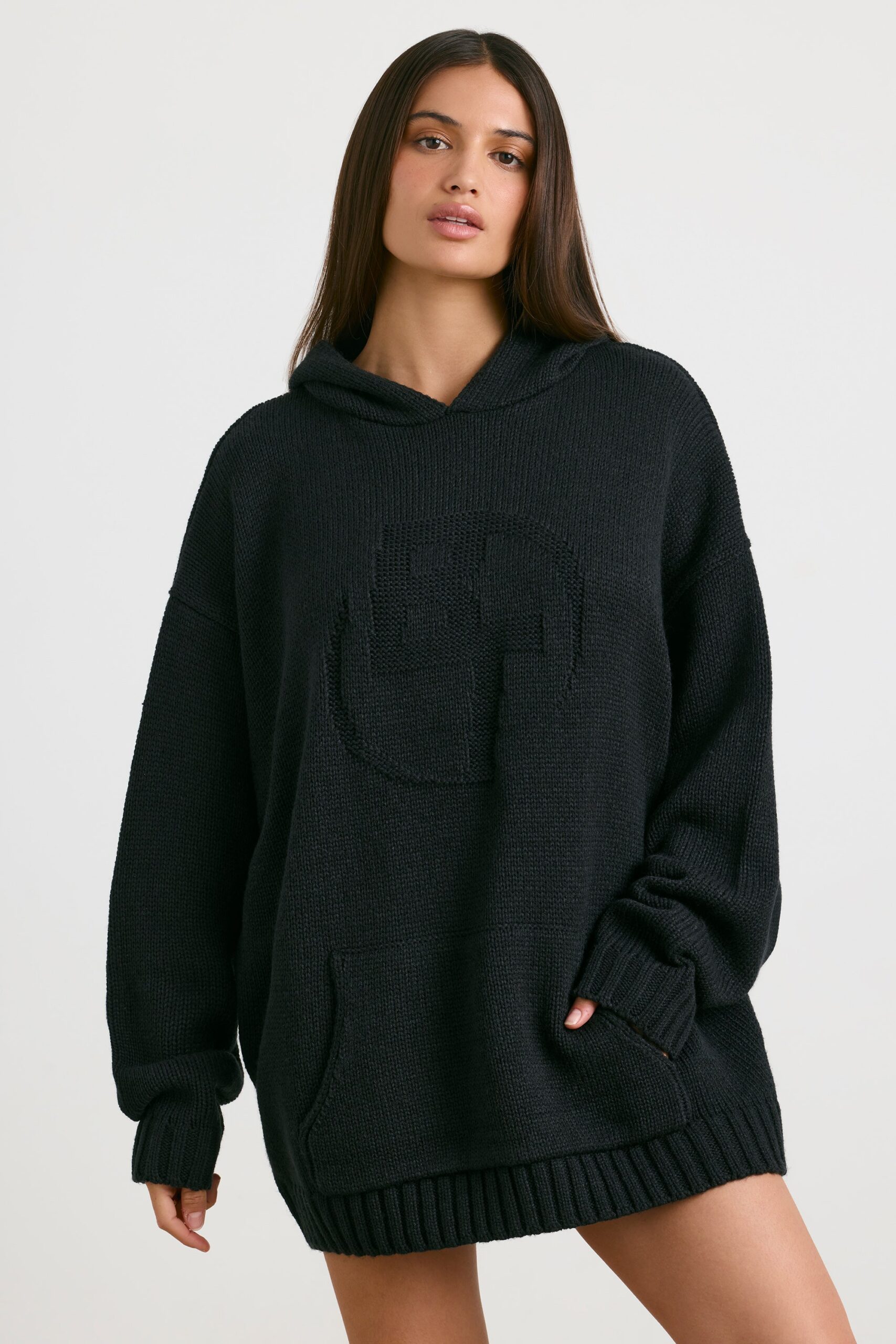 Oversized Chunky Knit Hoodie in Black - Image 7