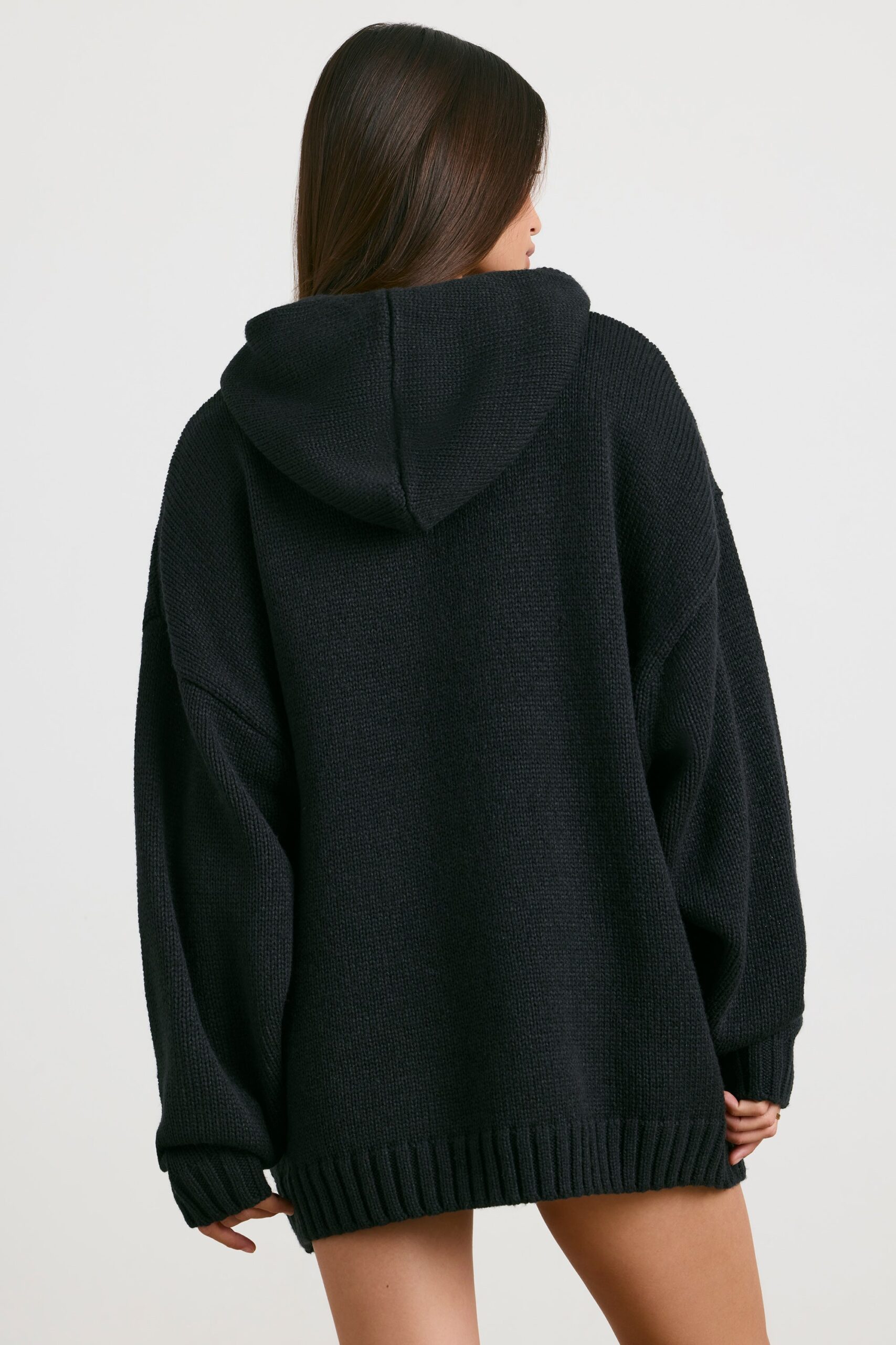 Oversized Chunky Knit Hoodie in Black - Image 2