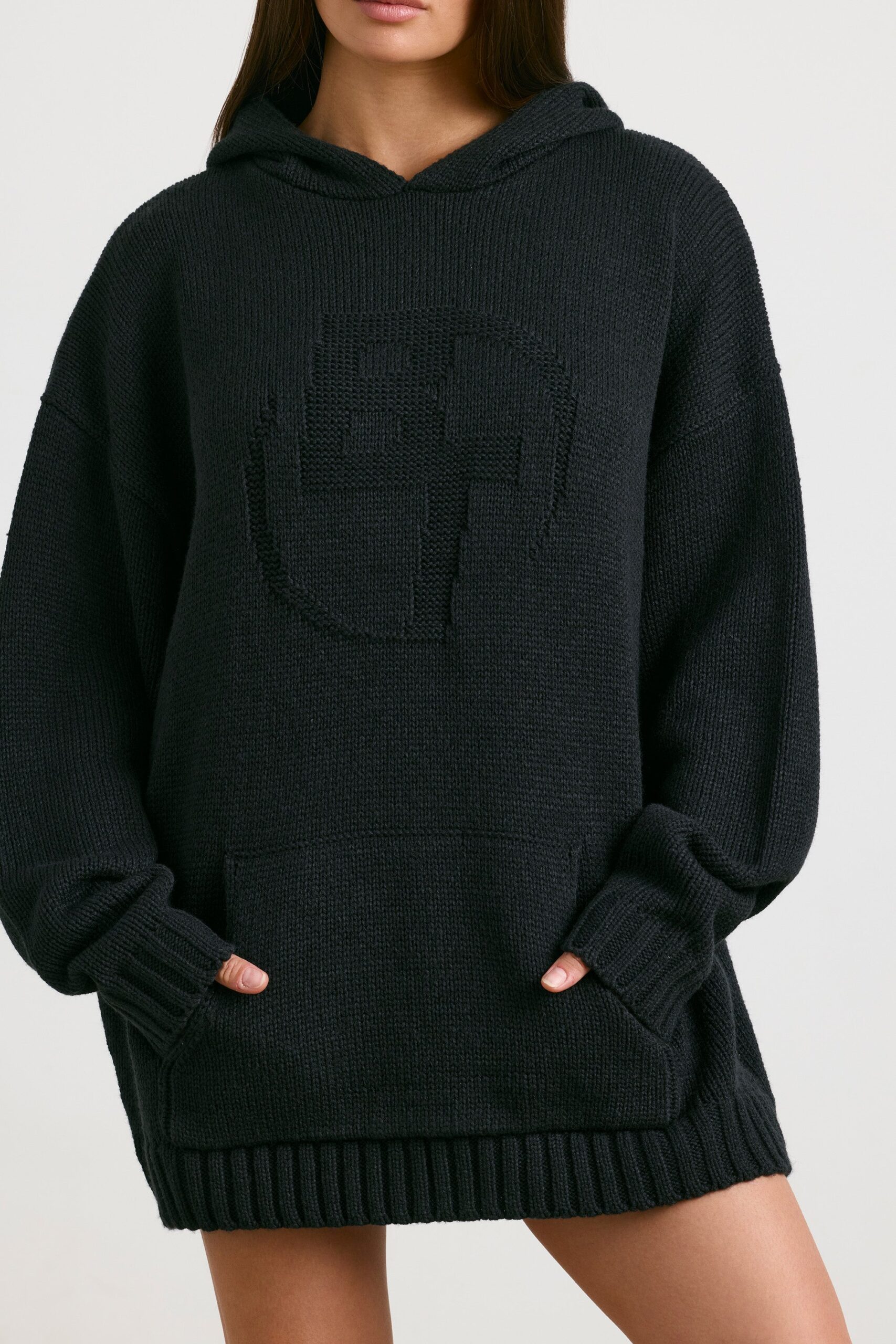 Oversized Chunky Knit Hoodie in Black - Image 5