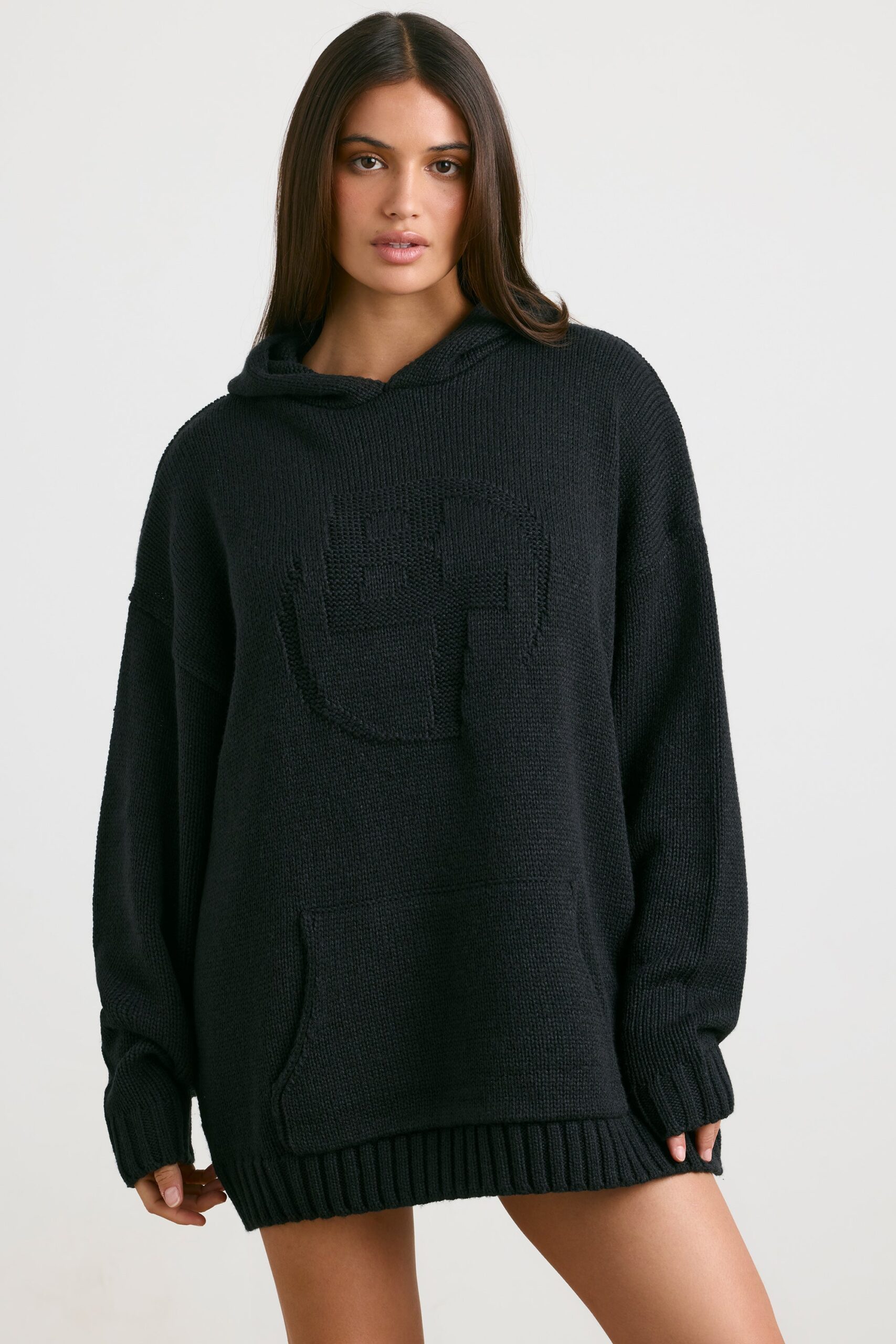 Oversized Chunky Knit Hoodie in Black - Image 8