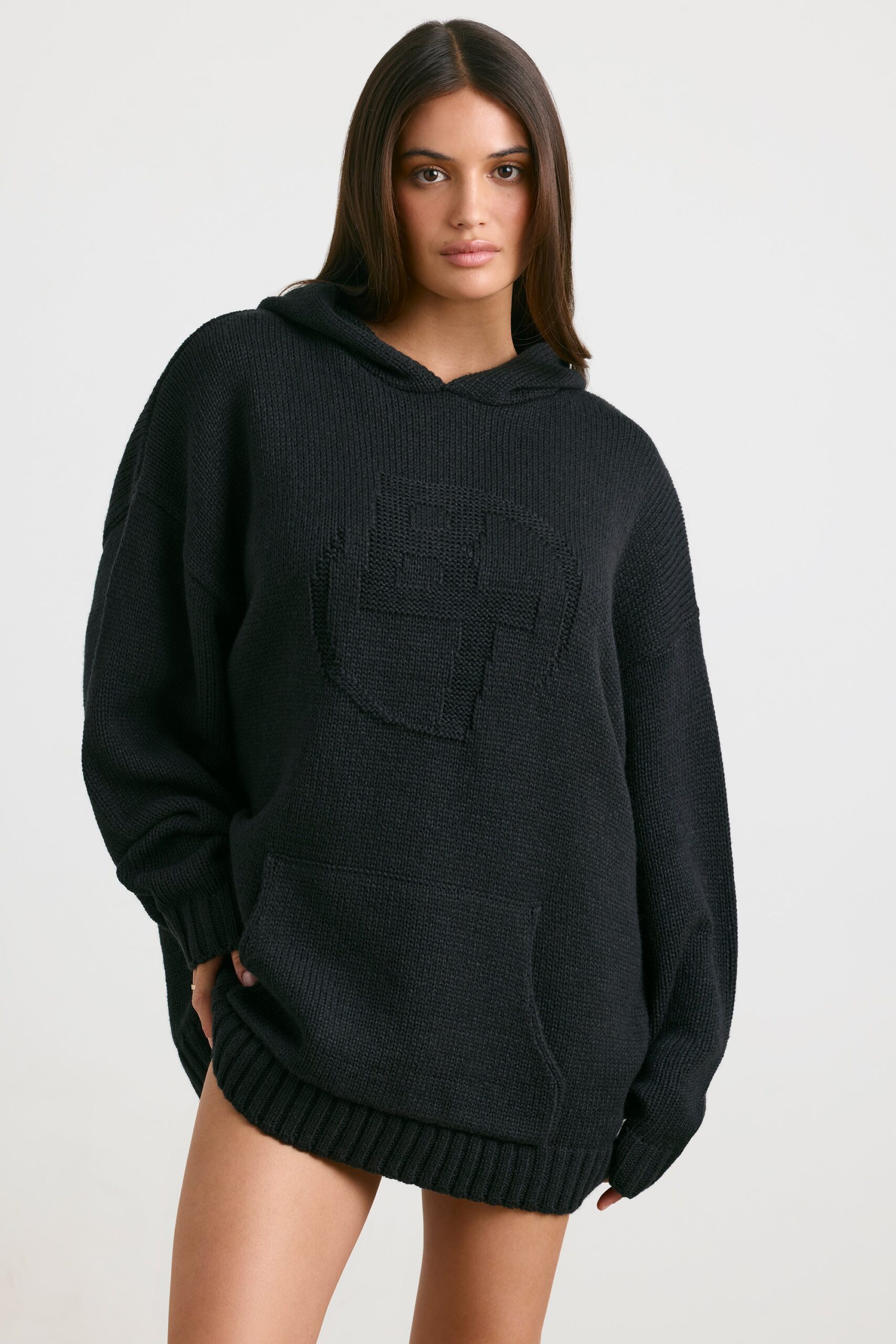 Oversized Chunky Knit Hoodie in Black - Image 9