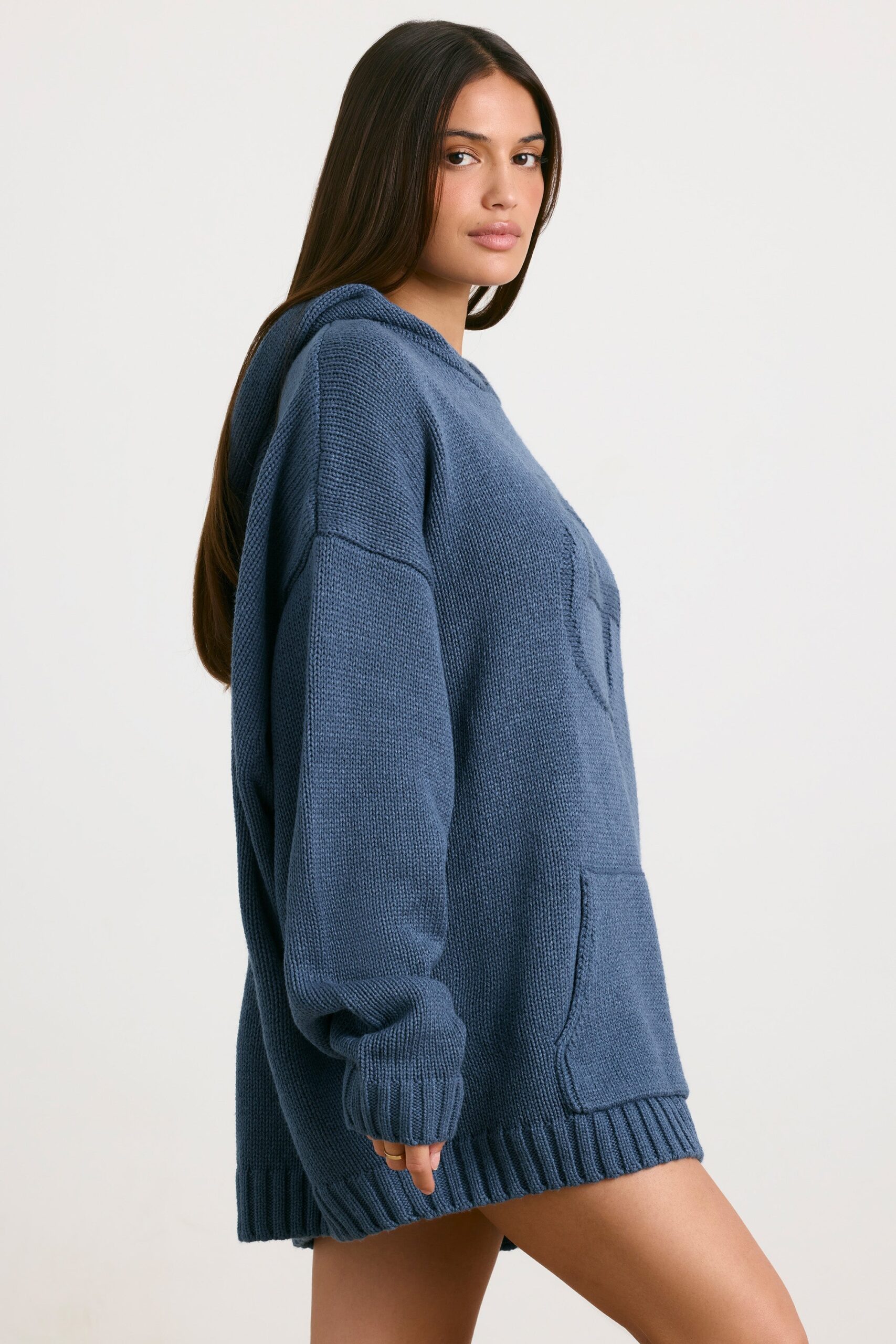 Oversized Chunky Knit Hoodie in Washed Navy - Image 3