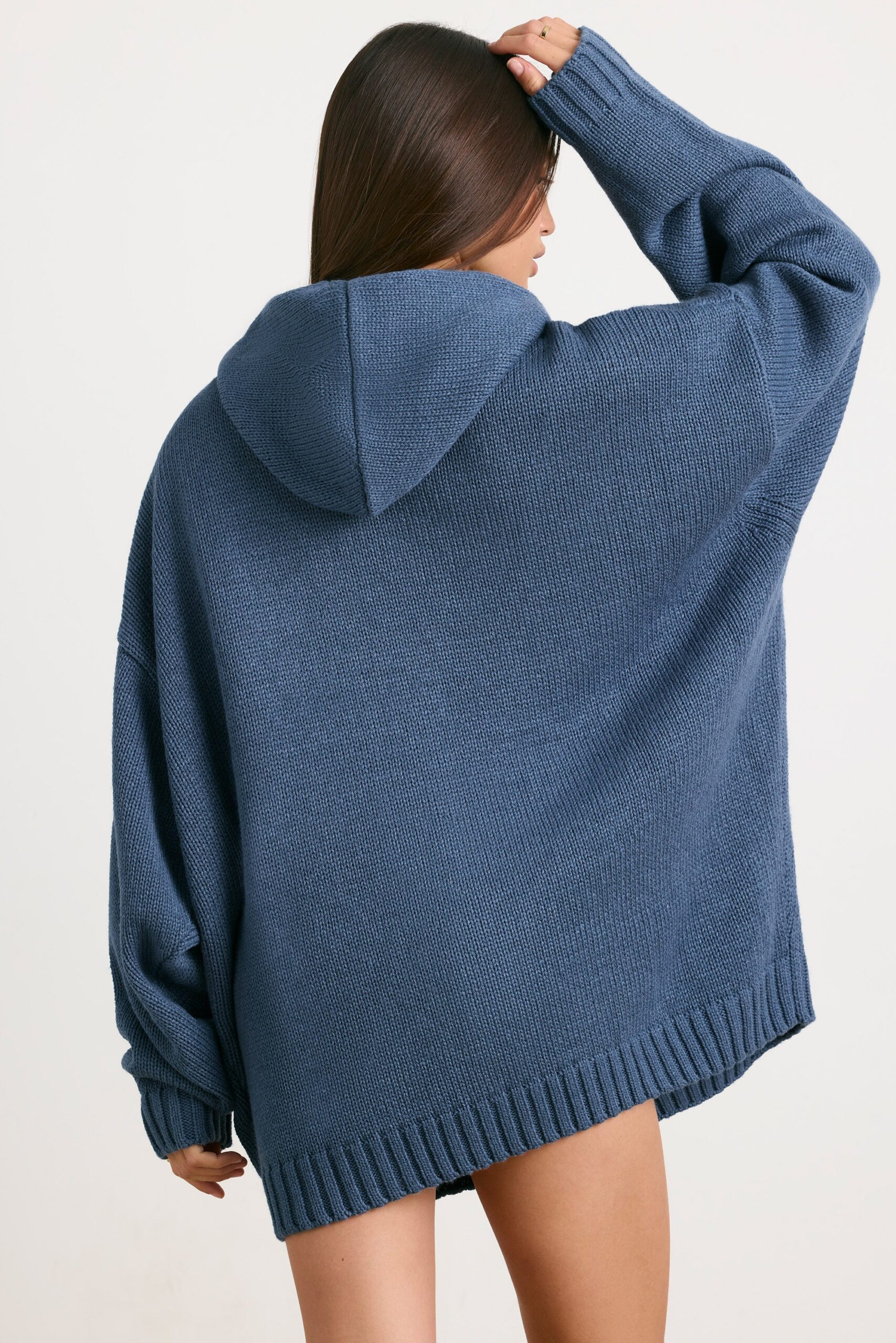 Oversized Chunky Knit Hoodie in Washed Navy - Image 2