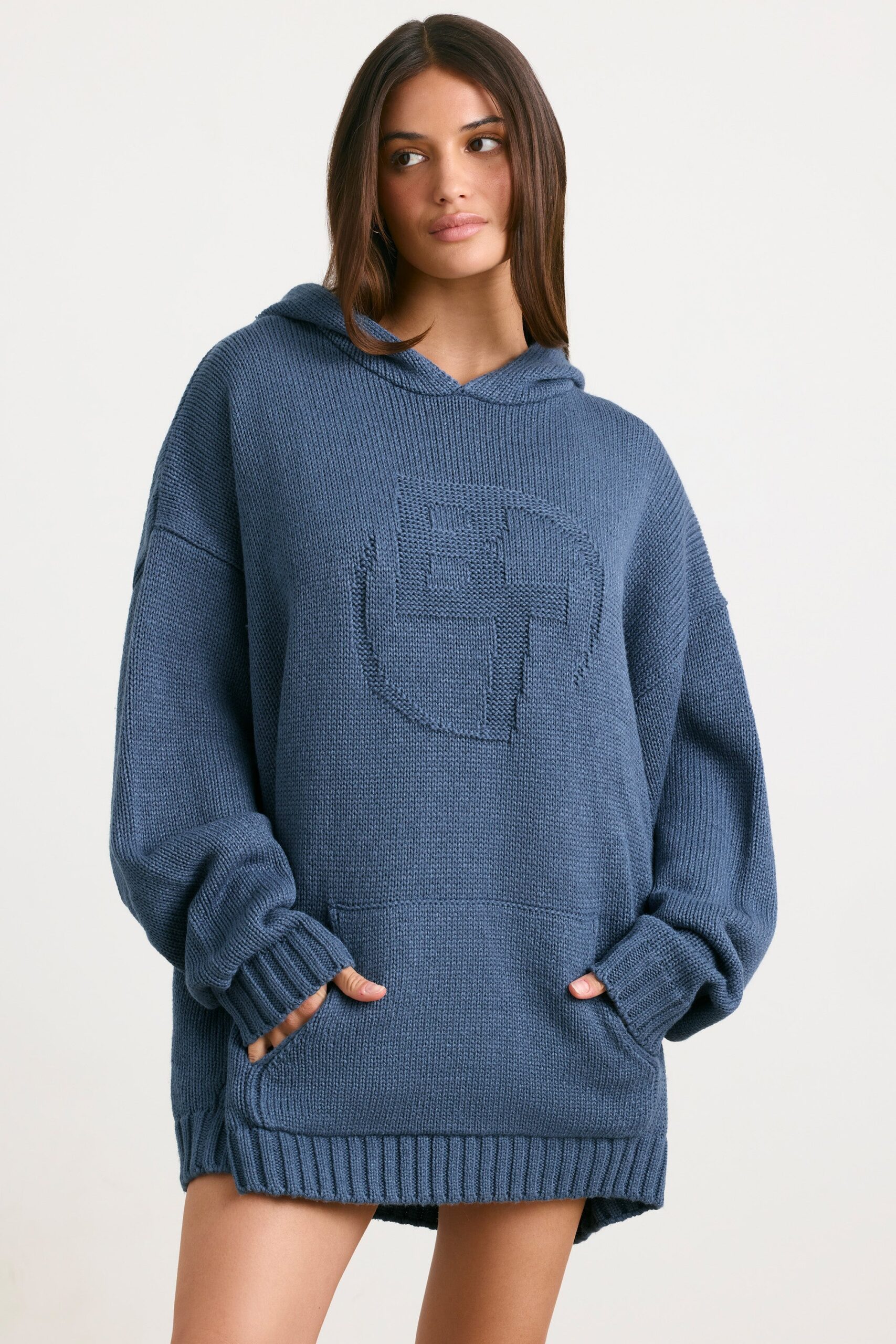 Oversized Chunky Knit Hoodie in Washed Navy - Image 7