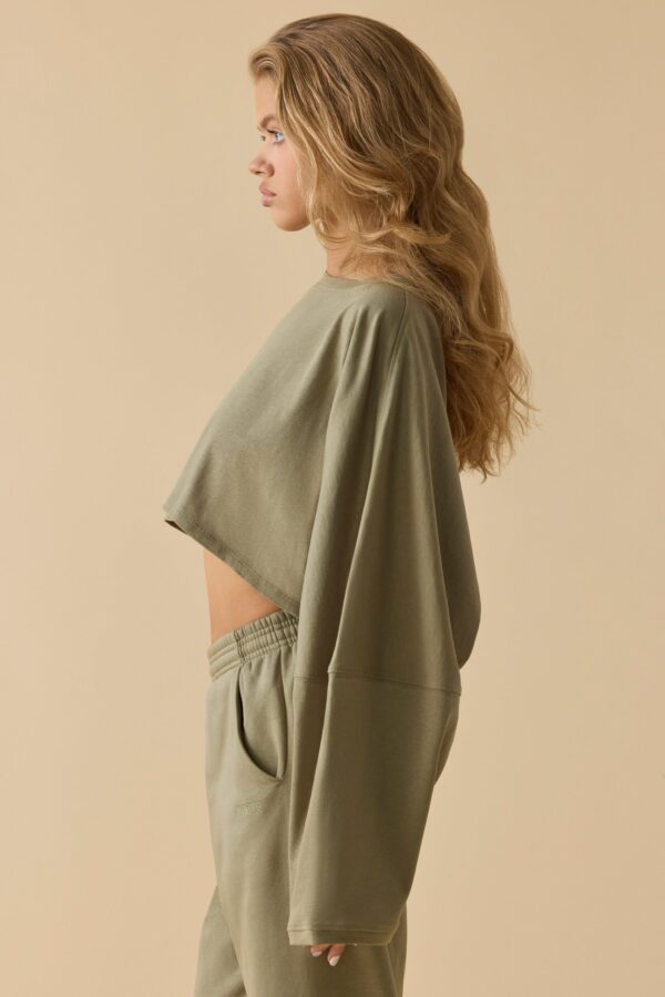Oversized Long Sleeve Crop Top in Soft Olive - Image 3