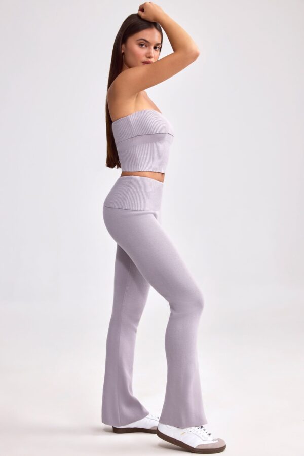 Petite Fold Over Kick Flare Chunky Knit Trousers in Dusty Lavender - Image 3