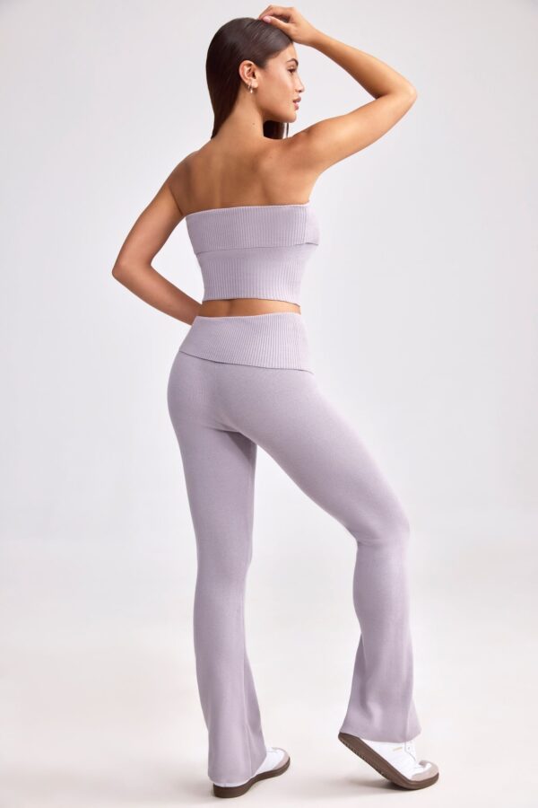 Petite Fold Over Kick Flare Chunky Knit Trousers in Dusty Lavender - Image 2