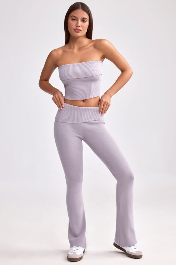 Petite Fold Over Kick Flare Chunky Knit Trousers in Dusty Lavender - Image 5