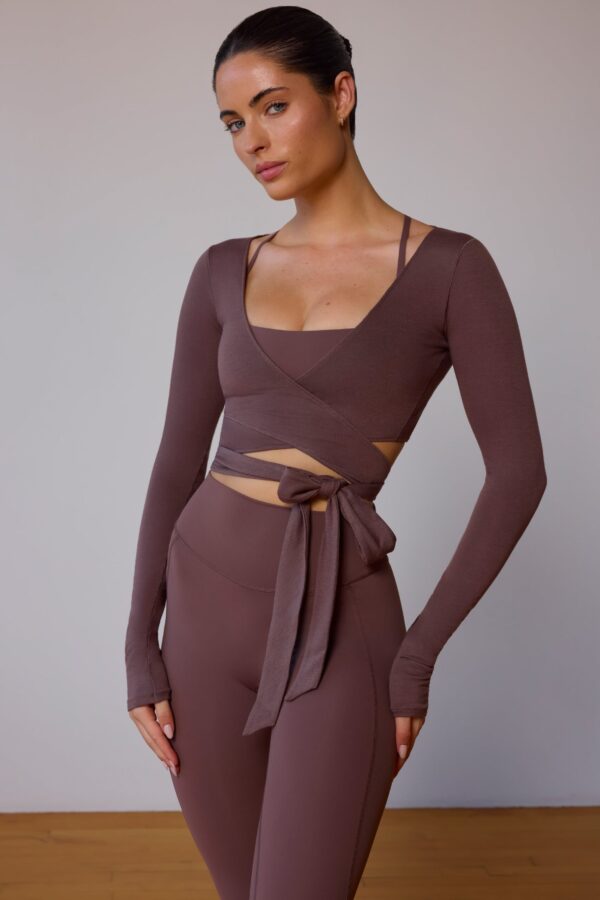 Long-Sleeve Wrap Crop Top in Taupe Brown - Image 7