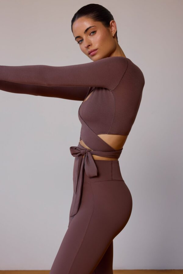 Long-Sleeve Wrap Crop Top in Taupe Brown - Image 3