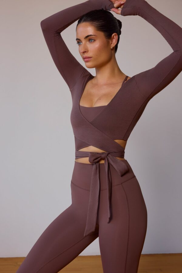 Long-Sleeve Wrap Crop Top in Taupe Brown - Image 6