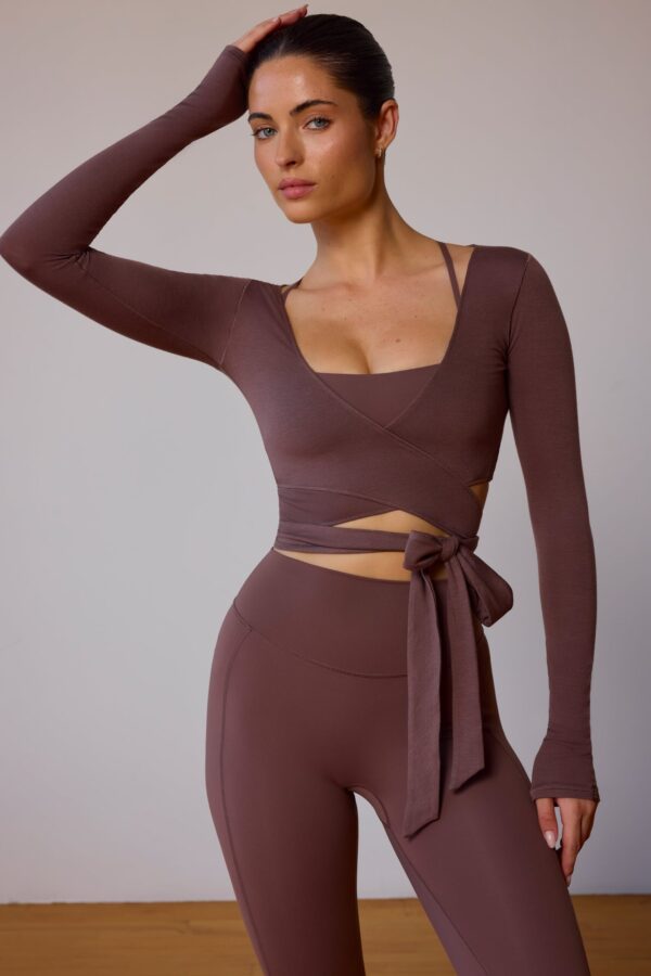 Long-Sleeve Wrap Crop Top in Taupe Brown - Image 5