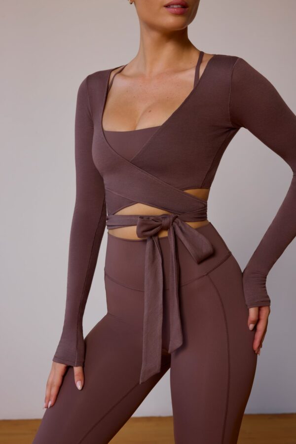 Long-Sleeve Wrap Crop Top in Taupe Brown - Image 4