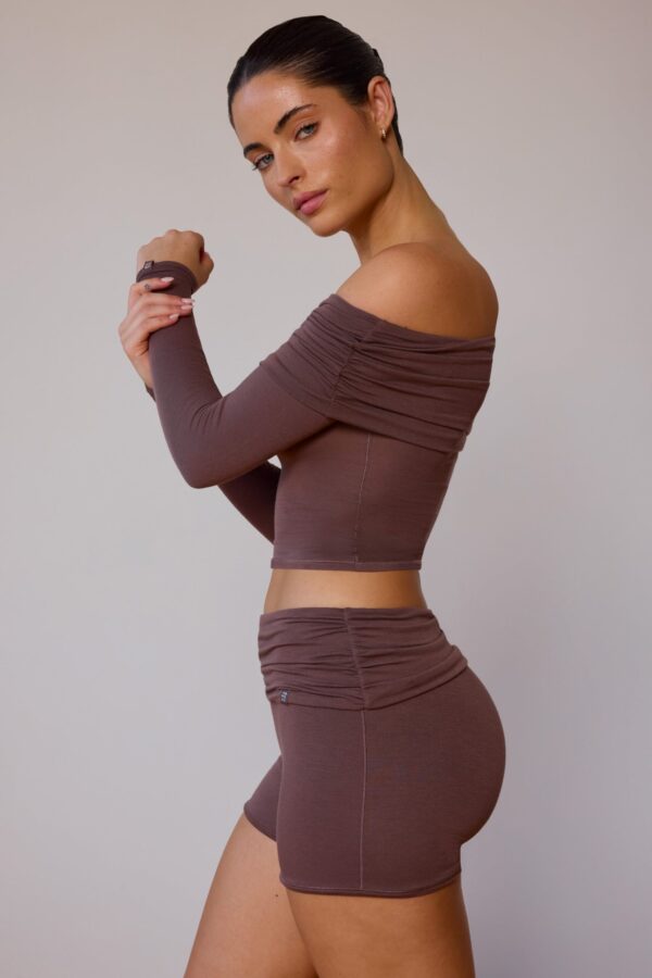 Fold-Over Mini Shorts in Taupe Brown - Image 3