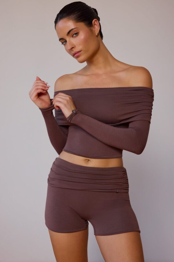 Fold-Over Mini Shorts in Taupe Brown - Image 7
