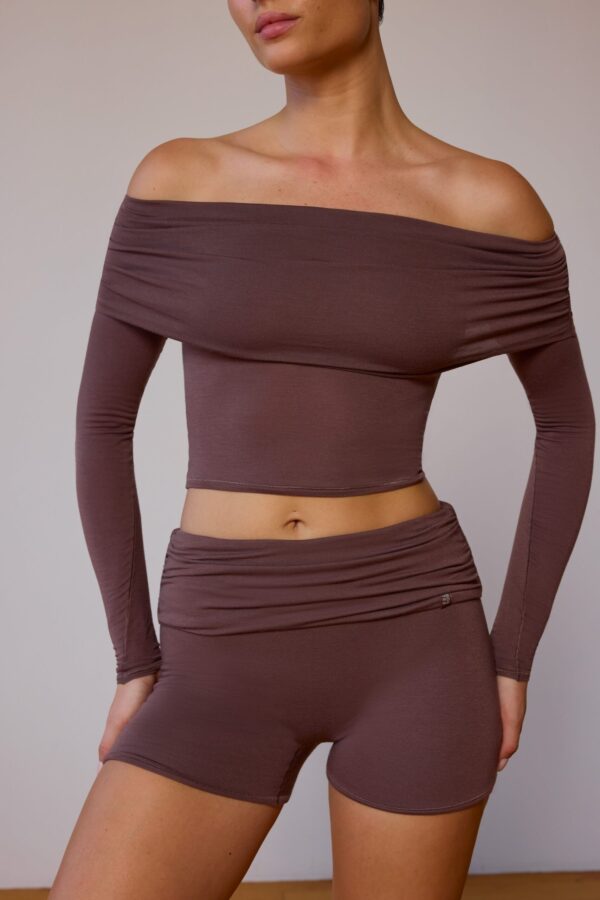 Fold-Over Mini Shorts in Taupe Brown - Image 4