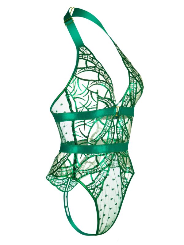 Green Foil Lace Seductive Sheer Bodysuit - Image 2