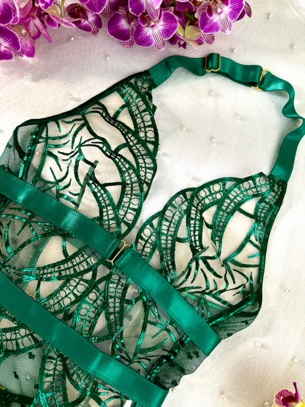 Green Foil Lace Seductive Sheer Bodysuit - Image 7