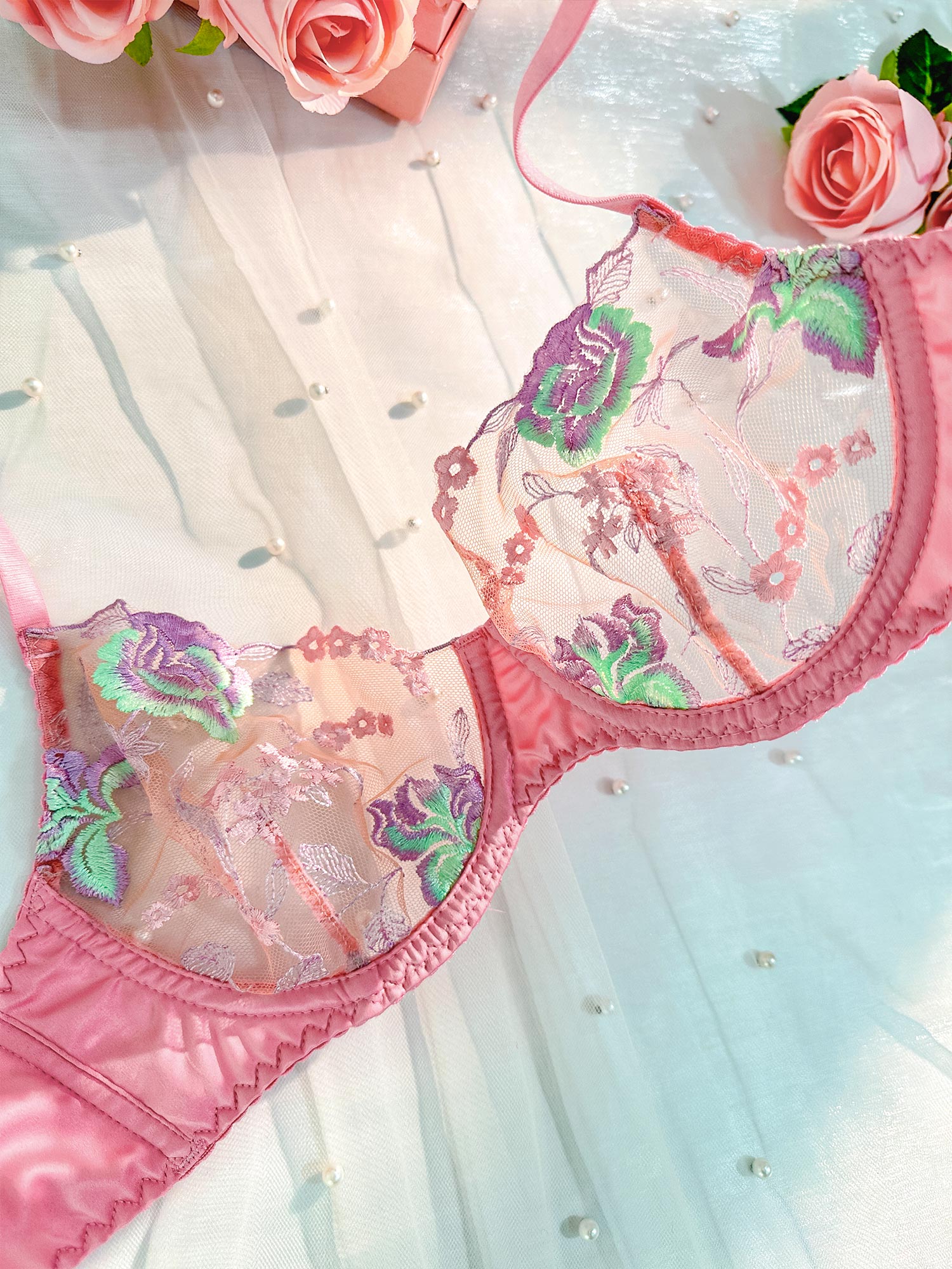 Pink Petals Embroidered Lingerie Set - Image 14