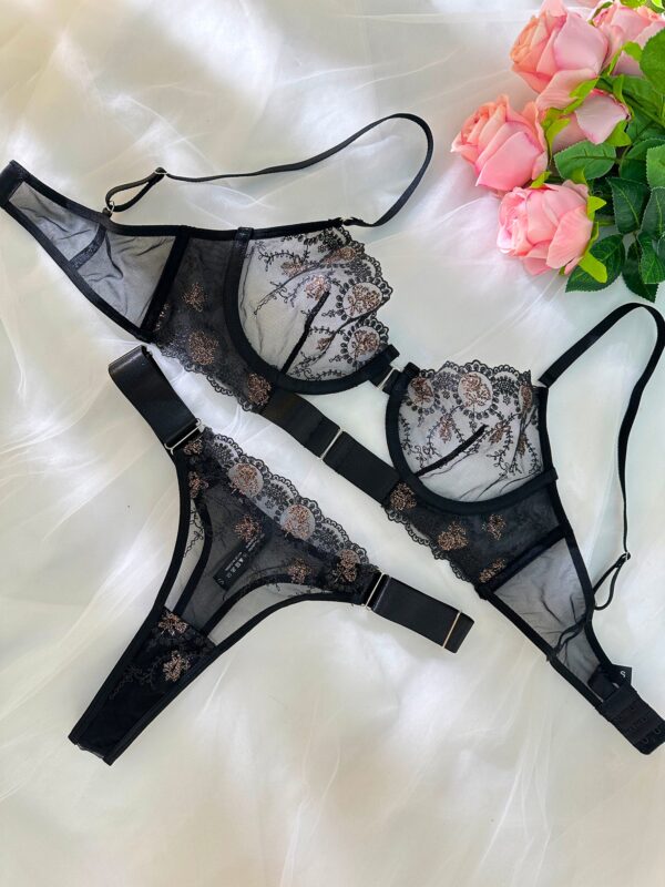 Sheer Black&Champagne Embroidered Lace Lingerie Set - Image 8