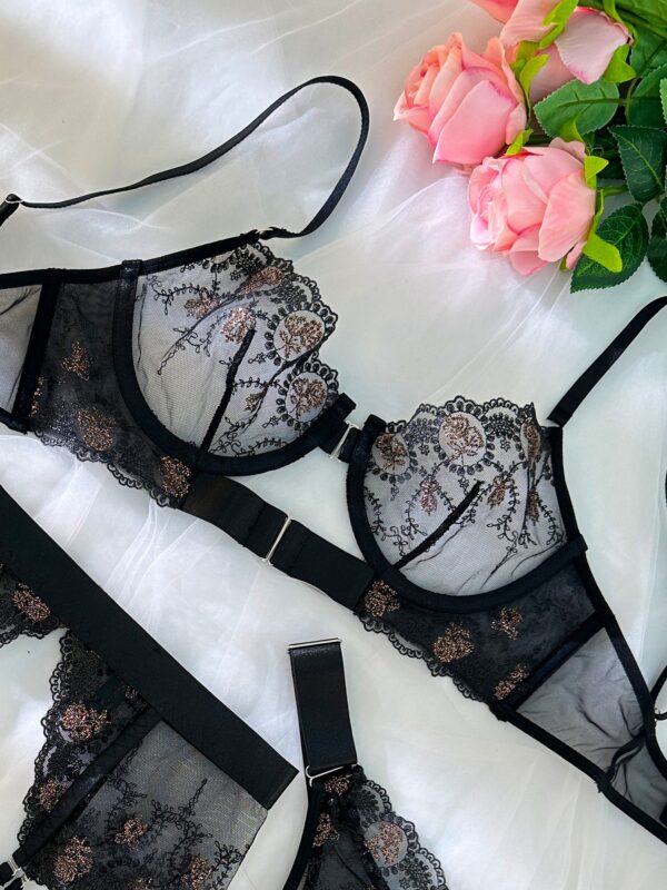 Sheer Black&Champagne Embroidered Lace Lingerie Set - Image 9