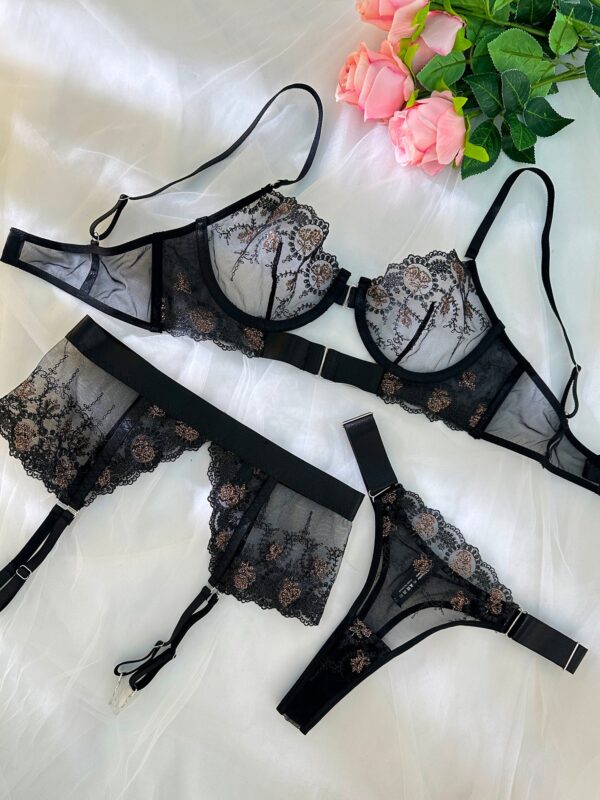 Sheer Black&Champagne Embroidered Lace Lingerie Set - Image 7