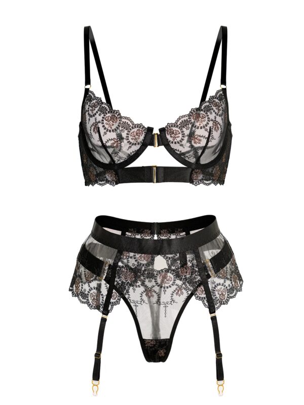 Sheer Black&Champagne Embroidered Lace Lingerie Set - Image 6