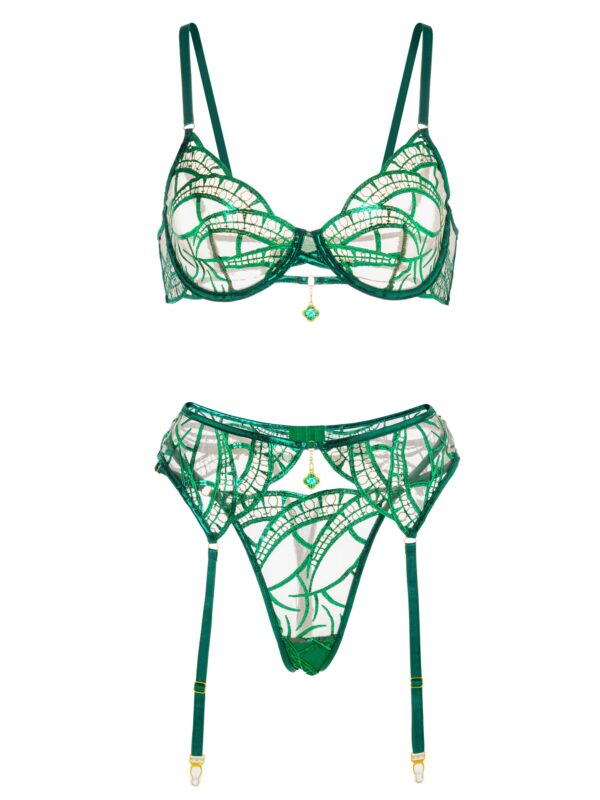 Luxe Green Metallic Foil Lace Lingerie Set - Image 13