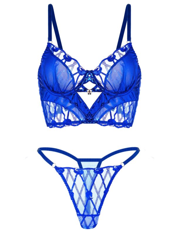 Midnight Blue Leather Lace Embellished Lingerie Set - Image 7