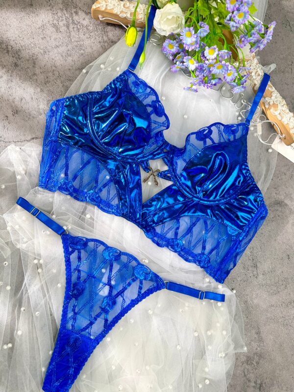Midnight Blue Leather Lace Embellished Lingerie Set - Image 11