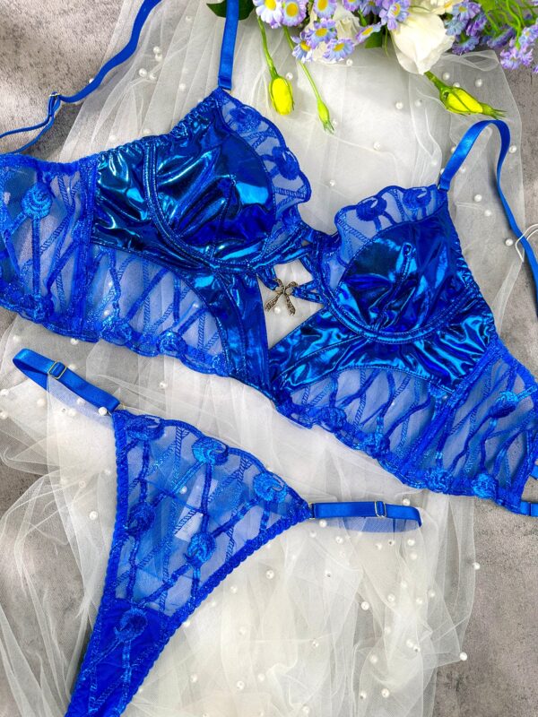 Midnight Blue Leather Lace Embellished Lingerie Set - Image 8