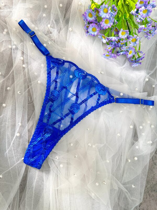 Midnight Blue Leather Lace Embellished Lingerie Set - Image 9