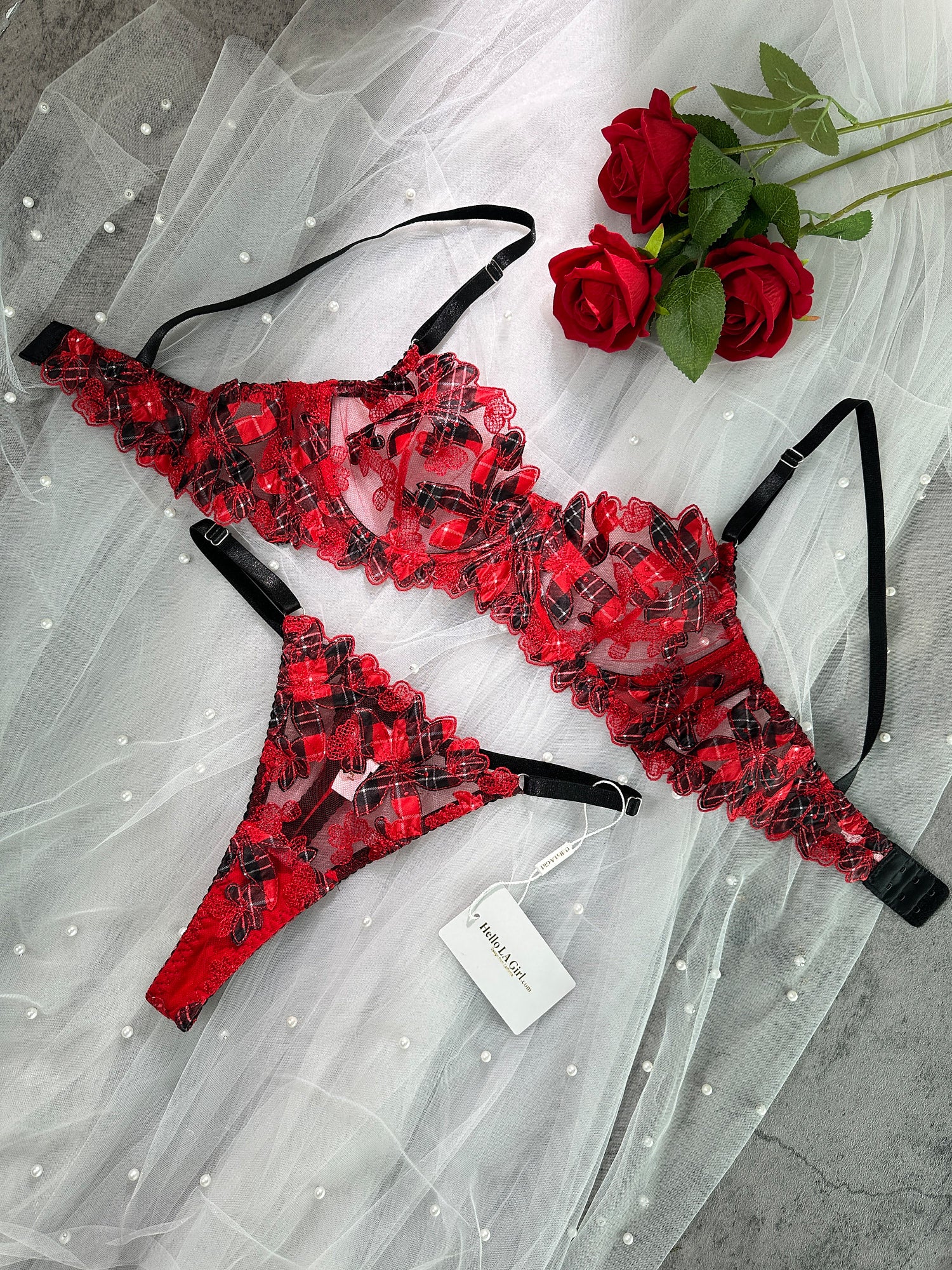 Red Tartan Flower Lingerie Set - Image 15