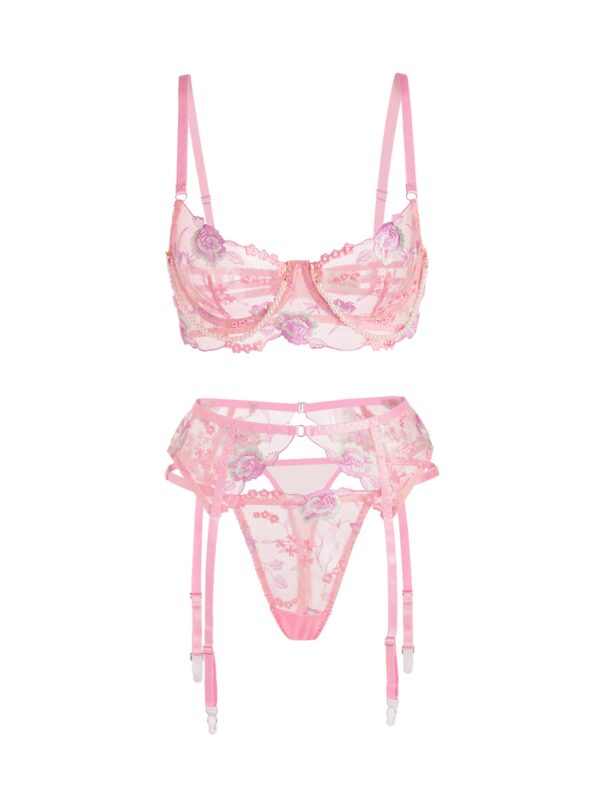 Pink Floral Embroidery Pearl Chain Lingerie Set - Image 15