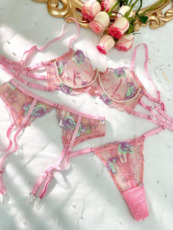Pink Floral Embroidery Pearl Chain Lingerie Set - Image 16