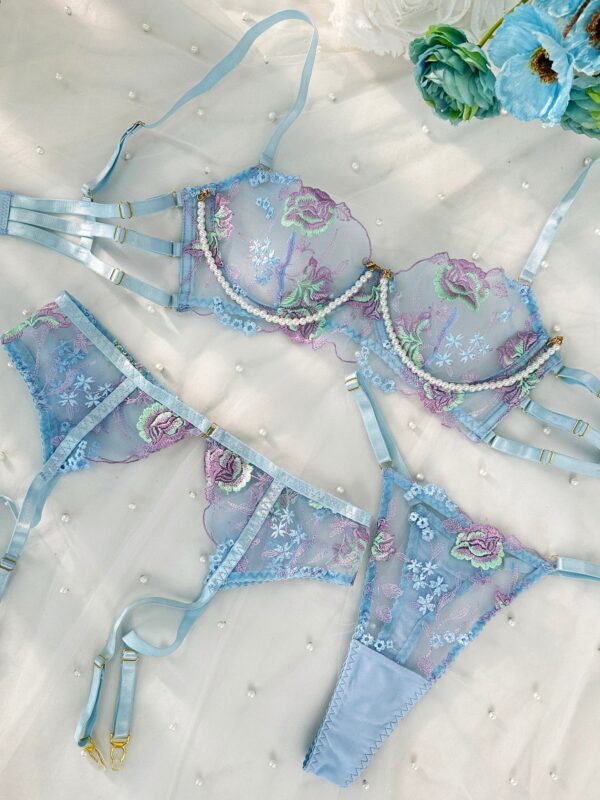 Blue Floral Embroidery Pearl Chain Lingerie Set - Image 8