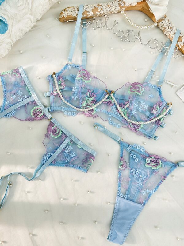 Blue Floral Embroidery Pearl Chain Lingerie Set - Image 11