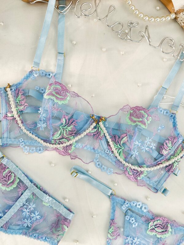 Blue Floral Embroidery Pearl Chain Lingerie Set - Image 12