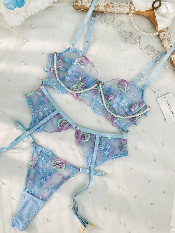 Blue Floral Embroidery Pearl Chain Lingerie Set - Image 10